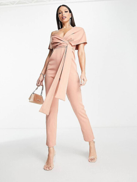 ASOS DESIGN Tall fallen shoulder scuba jumpsuit in blush 