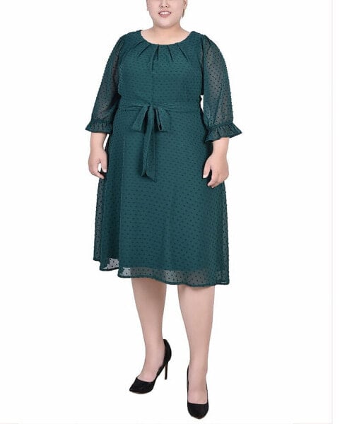 Plus Size 3/4 Sleeve Belted Swiss Dot Dress