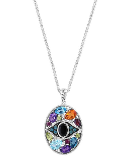 EFFY Collection eFFY® Onyx, Multi-Gemstone (4-5/8 ct. t.w.) & Diamond (1/20 ct. t.w.) Evil Eye Cluster 18" Pendant Necklace in Sterling Silver