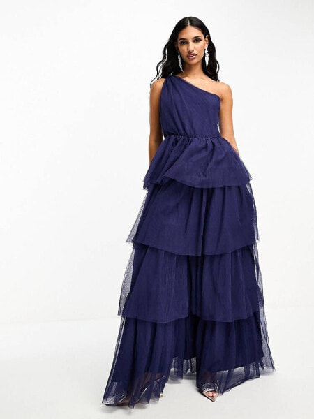 Y.A.S Bridesmaid one shoulder tulle maxi dress in navy blue