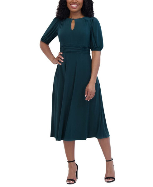 Petite Ruched Puff-Sleeve Midi Dress