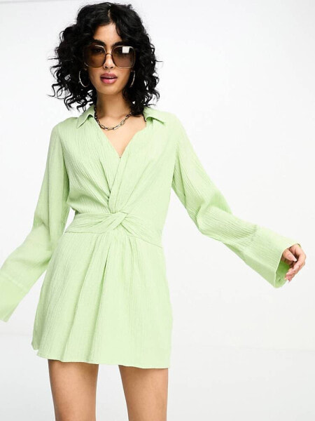 NA-KD x Stephsa twist front linen mini shirt dress in green