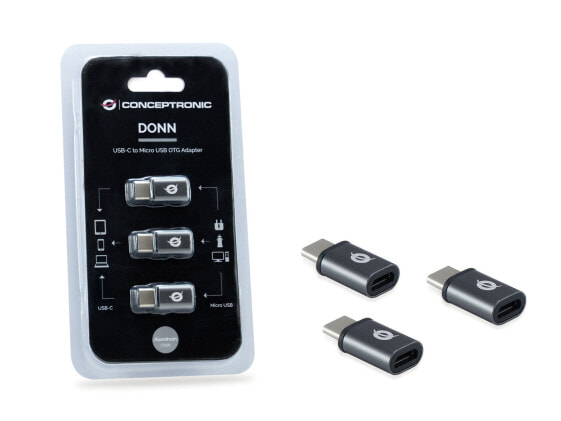 Conceptronic DONN USB-C to Micro USB OTG Adapter 3-Pack - USB 2.0 Type-C - USB 2.0 Micro - Black