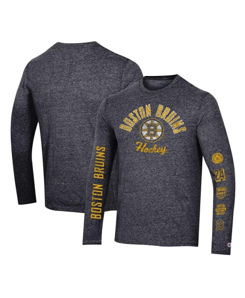 Men's Heather Black Distressed Boston Bruins Multi-Logo Tri-Blend Long Sleeve T-shirt