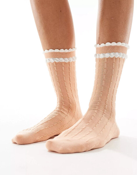 ASOS DESIGN pointelle frill ankle socks in peach