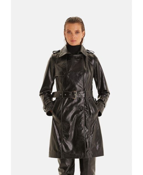 Women's Genuine Leather Trench Coat, Black