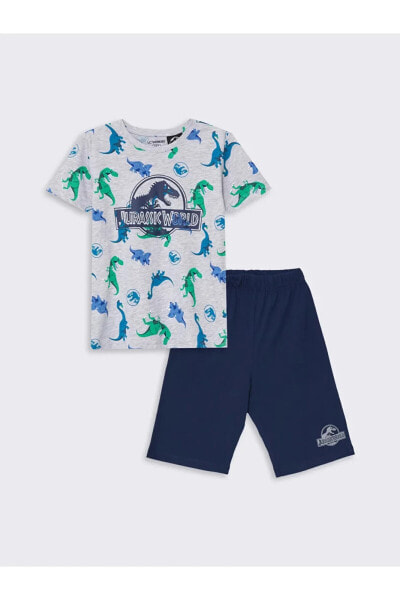 LCW Kids Bisiklet Yaka Jurassic World Baskılı Erkek Çocuk Şortlu Pijama Takımı