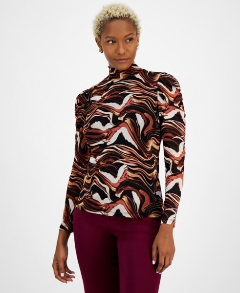 Women's Printed Mock-Neck Long-Sleeve Mesh Top, Created for Macy's