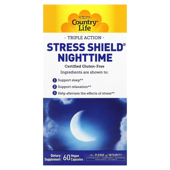 Витамины для здорового сна Country Life Stress Shield Nighttime, Triple Action, 60 капсул (без животных компонентов)