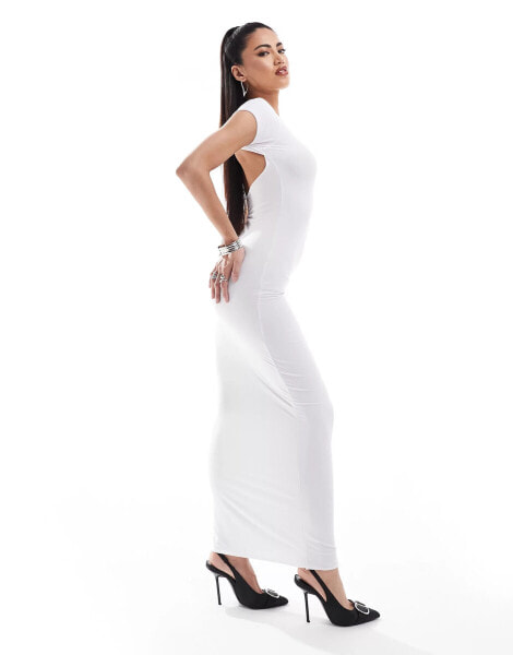 Kaiia slinky short sleeve open back maxi dress in white