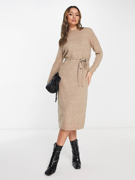 ASOS DESIGN knitted midi dress with tie waist in oatmeal