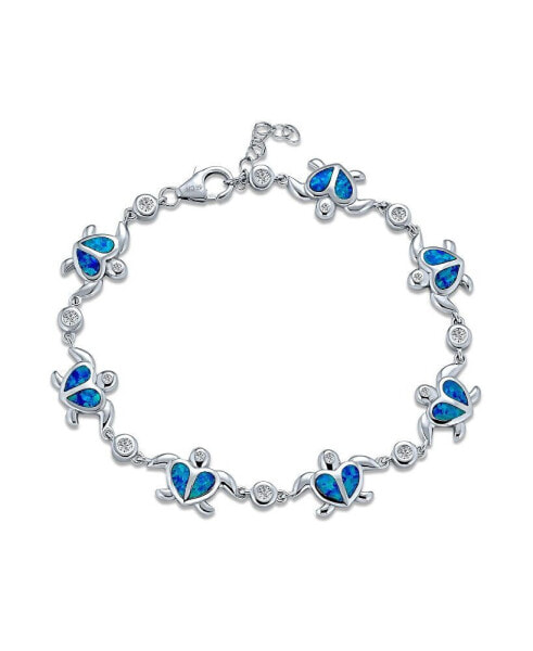 Nautical Aquatic Tropical Beach Vacation Iridescent Synthetic Blue Created Opal Inlay Sea Tortoise CZ Accent Heart Multi Charm Turtles Bracelet For Women Sterling Silver