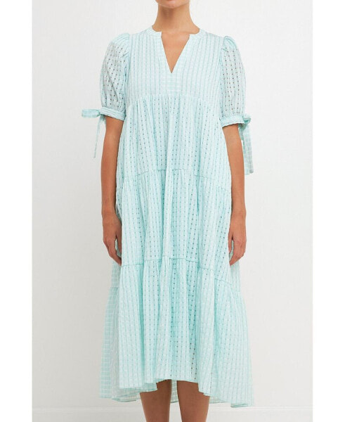 Women's Gingham Tiered Midi Dress with Bow Tie Sleeves
