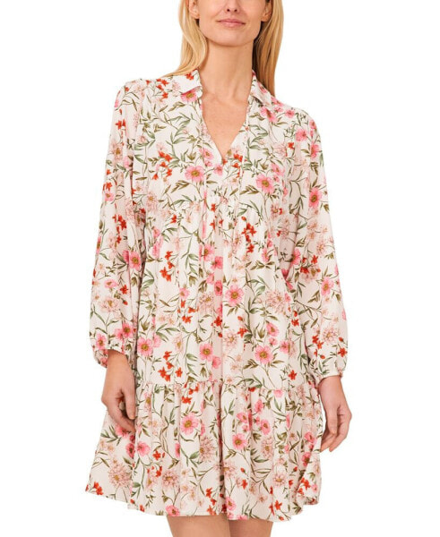 Women's Floral Tie Neck Long Sleeve Baby Doll Tiered Dress