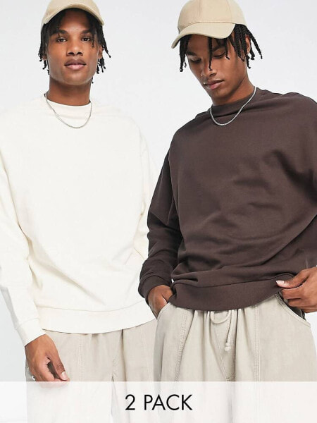 ASOS DESIGN oversized sweatshirt 2 pack brown/cream