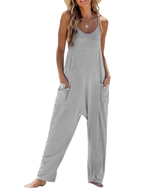 Women's Grey Sleeveless Scoop Neck Loose Leg Jumpsuit