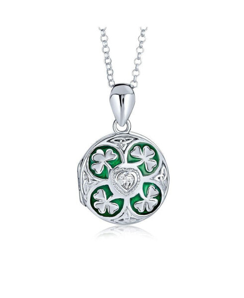 BFF Lucky Green Enamel Shamrock Clover Round Celtic Irish Two Photo Round Memorial Hold Pictures Locket Necklace For Women Sterling Silver