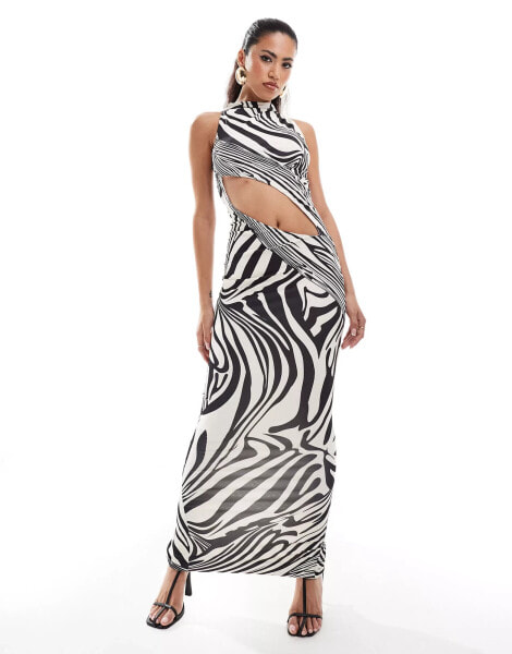 Murci high neck sleeveless slash waist maxi dress in zebra print