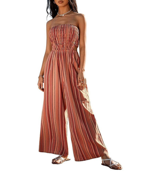 Women's Striped Smocked Wide Leg Tube Jumpsuit