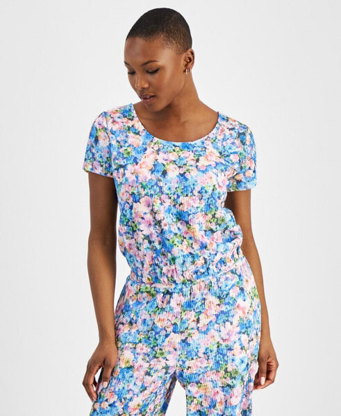 Petite Floral-Print Round-Neck Short-Sleeve Top, Created for Macy's
