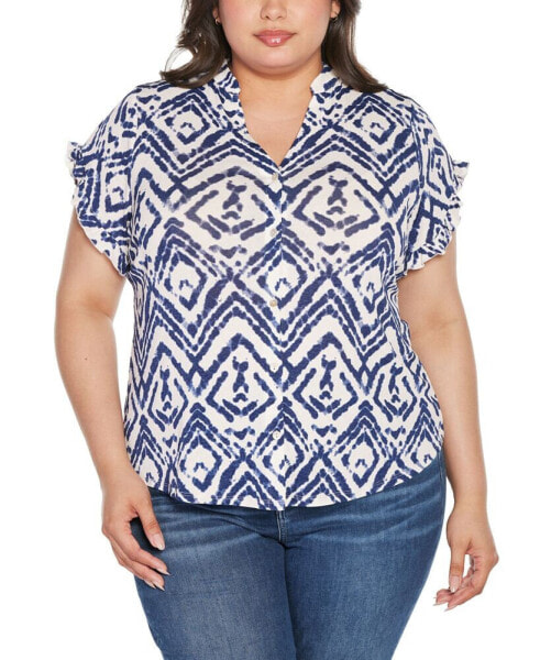 Plus Size Distressed Ikat Print Top