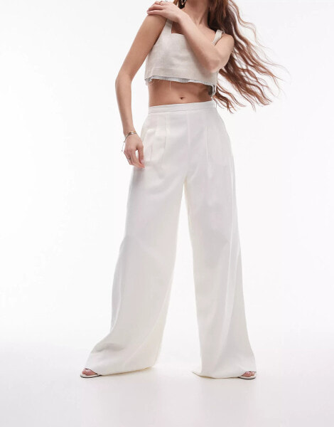 Topshop premium super wide leg pleated trouser in ecru