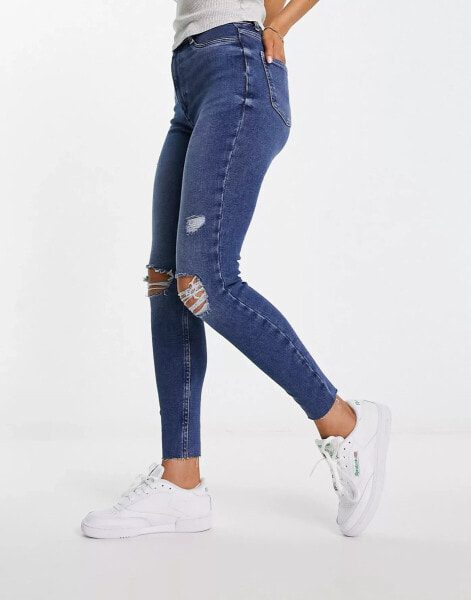 New Look ripped straight leg jeans in dark blue