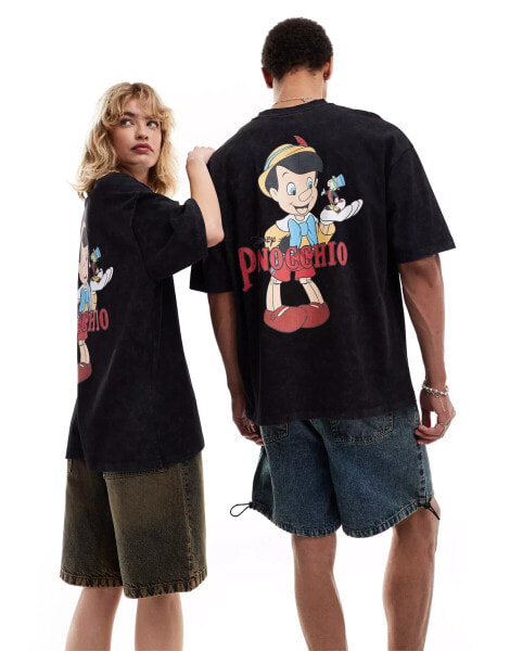 ASOS DESIGN Disney unisex oversized t-shirt with Pinocchio prints in washed black