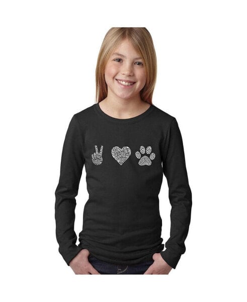 Big Girl's Word Art Long Sleeve T-Shirt - Peace Love Dogs