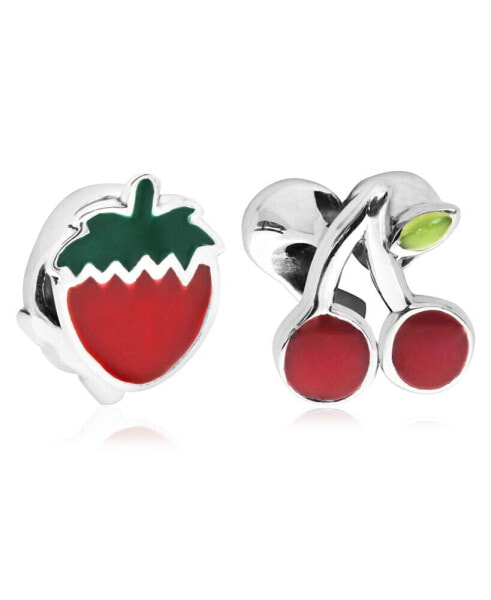 Children's Enamel Strawberry Cherry Bead Charms - Set of 2 in Sterling Silver