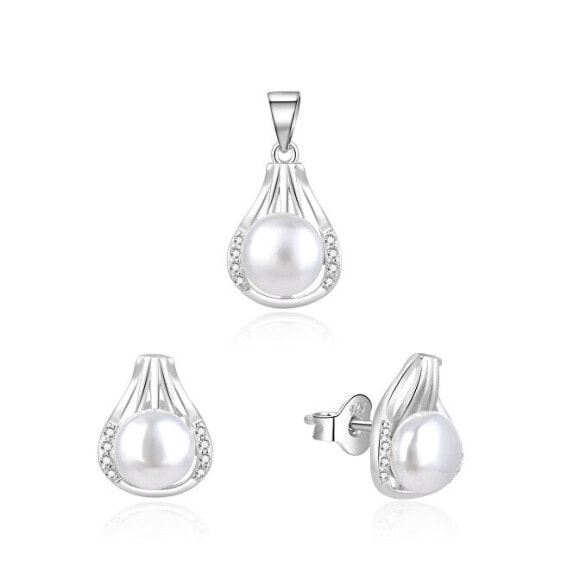 Elegant silver jewelry set with real pearls AGSET271PL (pendant, earrings)