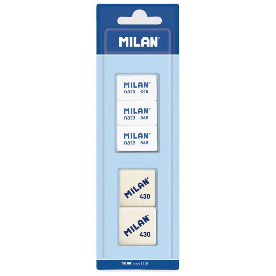 MILAN Blister Pack 2 Synthetic Rubber Erasers + 3 Nata® Erasers