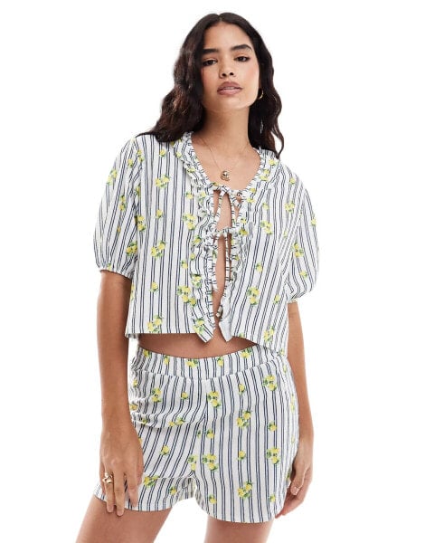 ASOS DESIGN tie front frill blouse co-ord in lemon and stripe print