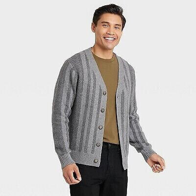 Men's Striped Ribbed Hem V-Neck Cardigan - Goodfellow & Co Dark Gray XL