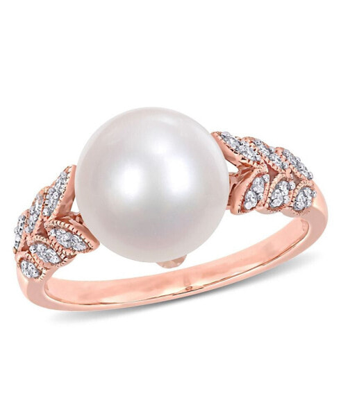 Freshwater Cultured Pearl (9.5-10mm) and Diamond (1/6 ct. t.w.) Leaf Ring in 10k Rose Gold