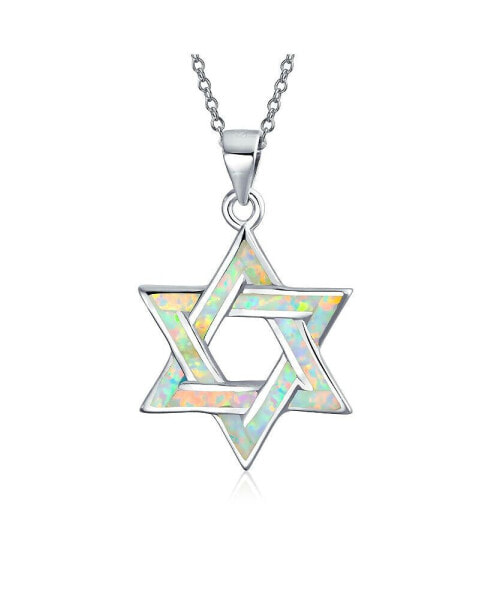 Hanukkah Magen Judaic White Synthetic Opal Inlay Star Of David Pendant Necklace For Bat Mitzvah For Women For Sterling Silver