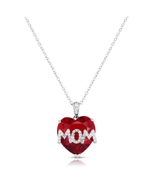 Simulated Ruby Mom Pendant In Silver Plate