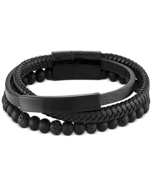 Men's Onyx & Lava Bead Triple Row Braided Leather Bracelet in Black Ion-Plated Stainless Steel (Also in Onyx/Sodalite)