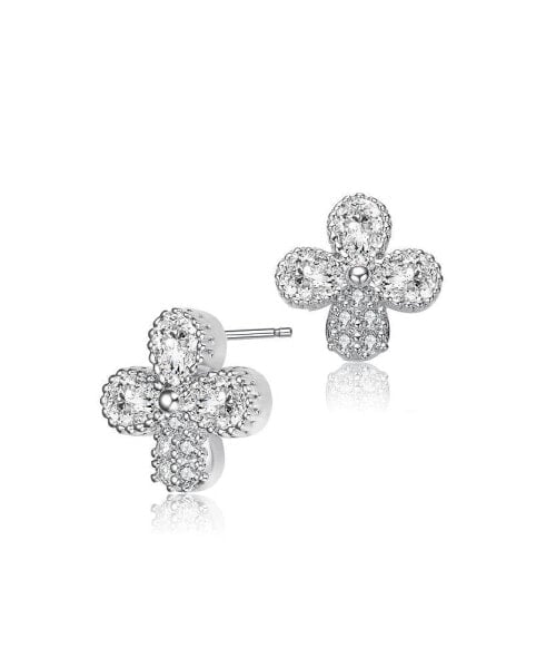 GV Sterling Silver White Gold Plated Clear Pear and Round Cubic Zirconia Clover Earrings