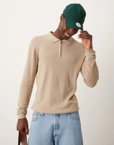 New Look long sleeve 1/4 zip polo in stone