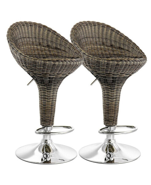 2 Piece Adjustable Wicker Bar Stool in Brown with Chrome Base