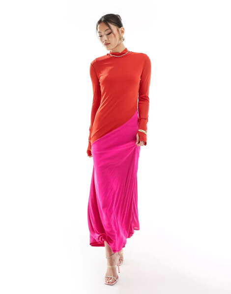 Daska high neck maxi dress in red and fuchsia