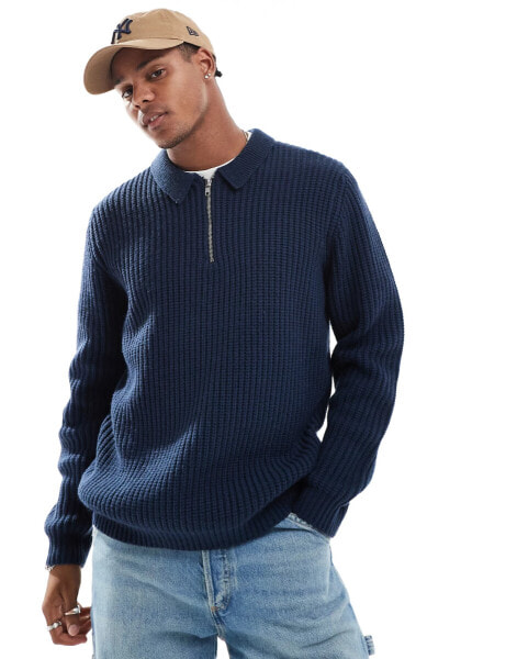 ASOS DESIGN wool mix oversized heavyweight half zip rib jumper with collar in navy