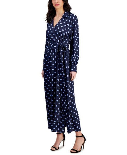 Women's Printed Collared Faux-Wrap Maxi Dress