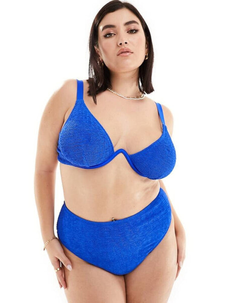 South Beach Curve crinkle high waist bikini bottom in cobalt blue