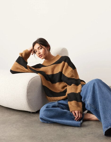 ASOS EDITION oversized crew neck knit striped jumper in camel and black