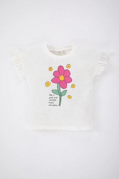 Kız Bebek Bisiklet Yaka Çiçekli Kısa Kollu Tişört