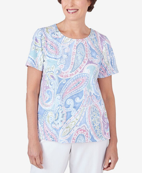 Women's Pleated Crew Neck Paisley Short Sleeve Tee