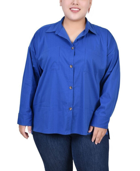 Plus Size Long Sleeve Blouse with Chest Pockets