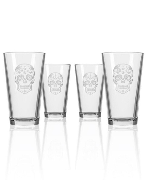 Sugar Skull Pint Glass 16Oz - Set Of 4 Glasses